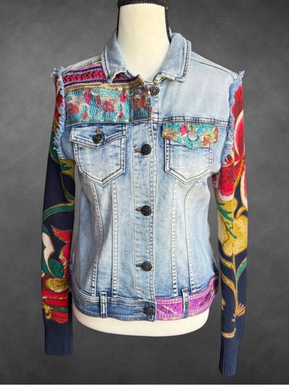 Desigual Light Wash Denim Jacket with Multicolor Floral Knit Sleeves